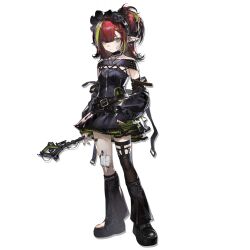  1girl arknights arm_warmers black_arm_warmers black_hairband black_leg_warmers black_shoes black_theme black_thighhighs blue_nails braid braided_bangs closed_mouth full_body gauze_on_knee gothic_punk green_hair hairband half_updo holding holding_wand leg_warmers legwear_garter lolita_hairband long_bangs looking_at_viewer material_growth medium_hair multicolored_hair official_art oripathy_lesion_(arknights) over-kneehighs platform_shoes pointy_ears red_hair shoes shui_di_yu_bu_lei_shao simple_background single_legwear_garter single_over-kneehigh single_thighhigh solo standing streaked_hair tachi-e tecno_(arknights) thigh-highs third-party_source transparent_background two-tone_hair wand 