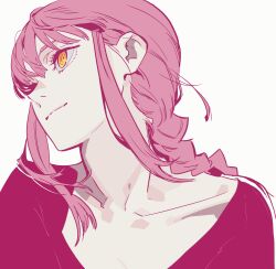  1girl absurdres braid braided_ponytail chainsaw_man closed_mouth commentary dress eg58561415 head_tilt highres long_hair makima_(chainsaw_man) pink_dress pink_hair ringed_eyes sidelocks simple_background solo white_background yellow_eyes 