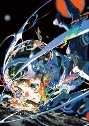  1girl abstract absurdres animal astronaut bird black_background blue_bodysuit blurry blurry_background bodysuit bug butterfly commentary_request energy floating flower foot_out_of_frame green_eyes green_hair highres looking_ahead moon open_mouth original plant plant_roots short_hair solo space whale yoneyama_mai 