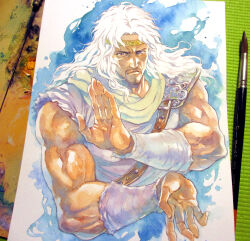  1boy agahari art_brush art_tools_in_frame aura beard blue_eyes circlet closed_mouth commentary_request connected_beard cropped_torso facial_hair fighting_stance gold_circlet hokuto_no_ken long_hair looking_at_viewer male_focus muscular muscular_male paintbrush painting_(medium) photo_(medium) shirt single_shoulder_pad sleeveless sleeveless_shirt solo toki_(hokuto_no_ken) traditional_media veins veiny_arms white_hair white_shirt 