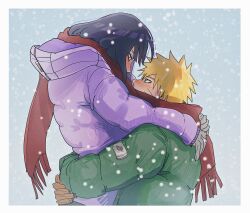  1boy 1girl black_hair blonde_hair blue_eyes blush brown_gloves carrying carrying_person coat gloves grey_gloves hetero highres hyuuga_hinata konohagakure_symbol naruto_(series) naruto_shippuuden notane_n red_scarf scarf scarf_over_mouth shared_clothes shared_scarf snowing uzumaki_naruto violet_eyes winter_clothes winter_coat 