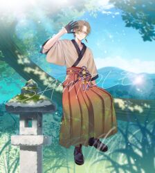  1boy black_boots black_gloves blue_sky blurry blurry_foreground boots brown_eyes brown_hair brown_hakama brown_kimono clouds commentary_request copyright_request depth_of_field earrings gloves grass hakama hakama_skirt half_gloves in_tree japanese_clothes jewelry kimono lace-up_boots lake looking_at_viewer male_focus mountain myusha outdoors sample_watermark short_sleeves sitting skirt sky smile solo stone_lantern tree virtual_youtuber water watermark wide_sleeves 