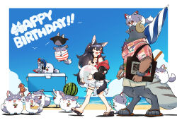  1girl :d animal_ear_fluff animal_ears artist_name bag ball beach beach_umbrella beachball black_hair black_jacket blue_sky closed_eyes commentary_request cooler day fang food fried_squid fruit happy_birthday hatotaurus_(ookami_mio) hawaiian_shirt highres hololive horns jacket long_sleeves making-of_available miochun miofa_(ookami_mio) off_shoulder ookami_mio ookami_mio_(hololive_summer_2019) outdoors pohitashi red_streaks sandals scuba_gear shirt shorts shoulder_bag skin_fang sky smile sunglasses tail tail_around_own_leg umbrella virtual_youtuber walking watermelon white_shorts wolf_ears wolf_girl wolf_tail 