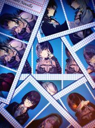 1girl absurdres alternate_costume belt bespectacled black_belt black_choker black_dress black_hair black_jacket black_nails blazer bow bowtie breasts character_name chest_belt choker closed_mouth coif collared_shirt commentary dress dress_shirt duplicate expressionless eyepatch eyes_in_shadow glasses glowing glowing_eye goth_fashion grey_hair grin hair_ornament higeji_(higeji404) highres holding holding_paper hololive hololive_english jacket jewelry large_breasts long_fingernails long_hair looking_at_viewer medical_eyepatch multicolored_hair nail_polish nun official_alternate_costume one_eye_covered paper pendant_choker photo_(object) plaid_bow plaid_bowtie plaid_clothes red_dress ring school_uniform shiori_novella shiori_novella_(1st_costume) shiori_novella_(casual) shirt smile split-color_hair striped_arm_warmers symbol-only_commentary two-tone_hair v virtual_youtuber white_shirt yellow_eyes yorick_(shiori_novella)