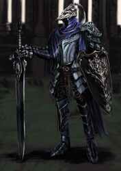  1boy armor artorias_the_abysswalker breastplate cape couter cuirass cuisses dark_souls_(series) dark_souls_i faulds full_armor gauntlets greatsword greaves helm helmet highres holding holding_shield holding_sword holding_weapon knight male_focus pauldrons planted planted_sword plate_armor plume rerebrace sabaton shield shoulder_armor solo standing sword torn_clothes tyokugekidato weapon 
