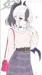  1girl alternate_costume art_program_in_frame bag belt black_choker black_hair blue_archive blush bright_pupils brown_belt brown_sweater casual choker closed_mouth cowboy_shot demon_girl demon_horns demon_wings double-parted_bangs eyelashes flat_color grey_halo grey_skirt hair_between_eyes halo hand_up handbag heart highres horns ibispaint_(medium) kayoko_(blue_archive) long_hair long_skirt looking_at_viewer low_wings multicolored_hair plaid_clothes plaid_skirt playing_with_own_hair ponytail red_bag red_eyes sidelocks simple_background single_wing skirt smile solo straight_hair sweater two-tone_hair wa_sumi white_background white_hair white_pupils wings 