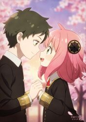  1boy 1girl :d ahoge anya_(spy_x_family) artist_logo asukamama89 black_dress black_jacket blurry blurry_background blush brown_hair buttons cherry_blossoms child closed_mouth collared_shirt commentary damian_desmond dress eden_academy_school_uniform falling_petals from_side gold_buttons gold_trim gradient_sky green_eyes hairpods hetero highres holding_hands jacket logo long_sleeves looking_at_another medium_hair neck_ribbon open_mouth outdoors petals pink_hair pink_petals red_ribbon ribbon school_uniform shirt short_hair sky sleeve_cuffs smile split_mouth spy_x_family sunset teeth tree upper_body upper_teeth_only white_shirt yellow_eyes 
