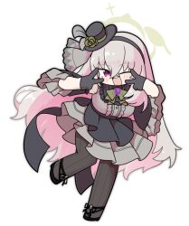  1girl ;d black_gloves black_hairband black_hat black_shoes blue_archive blush_stickers bow breasts brown_pantyhose center_frills commentary_request detached_sleeves double_v flower frilled_sleeves frills full_body gloves green_bow green_flower green_rose grey_hair grey_shirt grey_skirt hair_between_eyes hairband half_gloves halo hands_up hat hat_flower large_breasts long_hair looking_at_viewer mini_hat miranofuudoria multicolored_hair one_eye_closed pantyhose pink_hair pleated_skirt rose sakurako_(blue_archive) sakurako_(idol)_(blue_archive) shirt shoes short_sleeves skirt smile solo standing standing_on_one_leg tilted_headwear two-tone_hair v v_over_eye very_long_hair violet_eyes wide_sleeves 