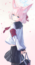  1girl :d aki_tsune animal_ear_fluff animal_ears armband arms_behind_back backlighting bag black_pantyhose black_sailor_collar black_skirt blue_archive blue_eyes blue_halo blush commentary cowboy_shot eyelashes eyes_visible_through_hair falling_petals fox_ears fox_girl from_behind gradient_background grin hair_ribbon half_updo halo happy highres holding holding_bag long_sleeves looking_at_viewer looking_back medium_hair midriff miniskirt neckerchief niko_(blue_archive) outdoors pantyhose petals pink_background pink_hair pleated_skirt ponytail red_armband red_neckerchief red_ribbon ribbon sailor_collar school_uniform serafuku shirt short_ponytail simple_background skirt smile solo v_arms white_background white_shirt 