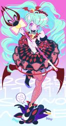  &gt;_&lt; 1girl :o absurdres black_boots black_dress blue_hair boots candy cosplay crescent crinoline dated detached_sleeves dress food full_body gradient_background high_heel_boots high_heels highres holding holding_polearm holding_weapon idol_land_pripara katasumi_amari kurosu_aroma kurosu_aroma_(cosplay) long_hair looking_at_viewer mario_(pripara) mario_(rabbit)_(pripara) open_mouth pink_eyes polearm pretty_series print_dress pripara red_thighhighs shino_bunnys short_dress spoken_object standing standing_on_one_leg stepping_on_non-human stuffed_animal stuffed_rabbit stuffed_toy thigh-highs trident twintails weapon 