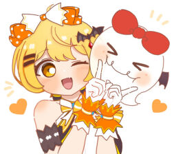  1girl ;d armband bare_shoulders bat_hair_ornament black_armband blonde_hair blush bow chibi chibi_only commentary double-parted_bangs fang hair_bow hair_ornament hairclip halter_shirt halterneck heart heart_background hololive hololive_idol_uniform_(origin) idol_clothes notice_lines obake-chan_(yozora_mel) official_alternate_costume one_eye_closed parallel_hairclips sakuramochir short_hair skin_fang smile solo swept_bangs symbol-only_commentary upper_body virtual_youtuber yellow_eyes yozora_mel 