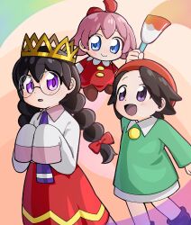  3girls adeleine beret blue_eyes bow crown fairy fairy_wings hair_bow hat highres holding holding_paintbrush kirby_(series) kirby_64 long_skirt multiple_girls open_mouth paintbrush pink_hair red_bow red_hat ribbon_(kirby) rimoncherro ripple_star_queen skirt sleeves_past_fingers sleeves_past_wrists smile smock violet_eyes wings 