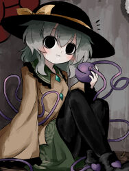  1girl black_boots black_eyes black_hat black_pantyhose boots bow buttons closed_mouth collared_shirt diamond_button eyeball fedora floral_print frilled_shirt_collar frilled_sleeves frills full_body green_hair green_skirt hair_between_eyes hat hat_bow heripantomorrow holding holding_eyeball komeiji_koishi long_sleeves looking_at_viewer medium_hair notice_lines pantyhose shirt sitting skirt smile solo third_eye touhou yellow_bow yellow_shirt 