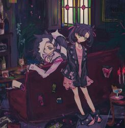  1boy 1girl black_choker black_hair candle choker collar commentary couch dress eyeshadow green_eyes hair_ribbon highres horimhkw11 indoors jacket leaning_on_object leather leather_jacket long_hair looking_at_viewer makeup marnie_(pokemon) metal_collar multicolored_hair on_couch pendant_choker piers_(pokemon) pink_dress pink_shorts plant pointy_shoes pokemon pokemon_swsh purple_eyeshadow ribbon shorts sleeves_past_fingers sleeves_past_wrists split_ponytail symbol-only_commentary twintails two-tone_hair white_hair window 