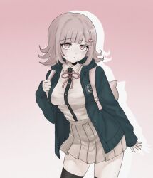  1girl animal_bag bata910101 breasts brown_hair brown_skirt cat_bag collared_shirt commentary danganronpa_(series) danganronpa_2:_goodbye_despair flipped_hair hair_ornament hood jacket long_sleeves looking_at_viewer medium_hair nanami_chiaki neck_ribbon open_clothes open_jacket pink_bag pink_eyes pink_ribbon ribbon shirt skirt solo symbol-only_commentary thigh-highs two-tone_shirt white_shirt 