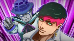  1boy 1other araki_hirohiko_(style) aura blue_hat bow bowler_hat bowtie colored_skin compound_eyes earrings english_commentary green_eyes green_hair grey_shirt grey_skin hat headband heaven's_door jewelry jojo_no_kimyou_na_bouken kishibe_rohan male_focus nika_dudi parted_lips pink_headband pointing purple_bow purple_bowtie shirt stand_(jojo) the_jojolands 