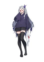  1girl absurdres arm_at_side beeeeen black_choker black_skirt black_thighhighs bow bright_pupils choker commentary drawstring earrings eyepatch finger_to_mouth fingernails full_body grey_hair hair_bow hair_ribbon heart heart_choker heart_eyepatch heart_o-ring highres holding holding_stuffed_toy hood hood_down hoodie jewelry last_origin lemonade_gamma long_hair long_sleeves looking_at_viewer miniskirt no_shoes o-ring o-ring_choker one_eye_covered one_side_up parted_bangs pleated_skirt pocket puffy_long_sleeves puffy_sleeves purple_bow purple_hoodie purple_ribbon red_eyes ribbon simple_background single_horizontal_stripe skirt sleeves_past_fingers sleeves_past_wrists solo standing striped_clothes striped_skirt stud_earrings stuffed_animal stuffed_rabbit stuffed_toy thigh-highs transparent_background very_long_hair white_pupils zettai_ryouiki 