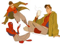  1boy arm_up beard_stubble bodysuit brown_eyes brown_hair coffee_mug collared_jacket cup dingnin98201637 facial_hair grey_pants hand_on_own_chin hashtag-only_commentary highres holding holding_cup indian_style jacket male_focus marvel mug multicolored_bodysuit multiple_views open_clothes open_jacket pants peter_b_parker simple_background sitting sketch spider-man:_across_the_spider-verse spider-man_(series) spider-verse spider_web_print steam stubble superhero_costume sweatpants white_background 