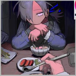  1girl 1other blue_cardigan blue_ribbon blue_sweater border bowl cardigan closed_mouth cup elbow_rest elbows_on_table expressionless food grey_border grey_hair grey_sweater hair_over_one_eye hair_ribbon half-closed_eyes head_rest holding holding_spoon indoors long_hair long_sleeves looking_at_viewer low_ponytail mk1liaoqian original out_of_frame pink_eyes plate ponytail pov pov_across_table pov_hands ribbon shirt sitting solo_focus soup spoon sweater table upper_body white_shirt 