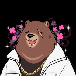  1boy animal_ears bear_boy bear_ears ben_bigger black_tank_top blush brown_fur chain chain_necklace closed_eyes english_commentary fangs flower furry furry_male highres jacket jewelry male_focus necklace notched_ears open_mouth scar scar_across_eye scar_on_face sparkle starbuchi tank_top white_jacket zenless_zone_zero 