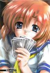  card cards highres higurashi_no_naku_koro_ni holding holding_card orange_hair playing_games ryuuguu_rena school_uniform serafuku short_hair 