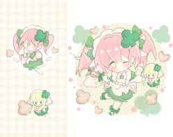  2girls ;o amulet_clover ankle_bow ankle_ribbon apron barefoot battle blonde_hair blush_stickers bow bubble_skirt chibi chinese_commentary clenched_hand club_hair_ornament commentary_request cookie dress expressionless food frilled_apron frilled_dress frills gloves green_background green_bow green_dress green_eyes green_outline green_ribbon green_shoes guardian_chara hair_between_eyes hair_bow hair_intakes hair_over_shoulder hand_on_lap hand_up happy headscarf heart heart-shaped_cookie heart-shaped_food highres hinamori_amu holding holding_whisk humpty_lock_(shugo_chara!) leg_ribbon long_hair looking_at_viewer magical_girl maid maid_headdress medium_dress mini_person minigirl multiple_girls multiple_views one_eye_closed outline over-kneehighs parted_lips pink_hair plaid_background puffy_short_sleeves puffy_sleeves quqi_xiao_shuang ribbon shoes short_hair short_sleeves short_twintails shugo_chara! size_difference skirt socks suu_(shugo_chara!) tareme thigh-highs twintails two-tone_background whisk white_apron white_background white_gloves white_headscarf white_socks yellow_eyes 