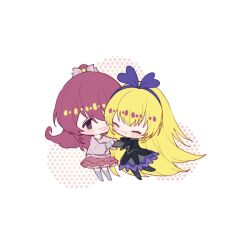  2girls ^_^ absurdly_long_hair aida_mana black_dress black_pantyhose blonde_hair bow bow_hairband bow_legwear chibi chinese_commentary closed_eyes commentary_request dokidoki!_precure dress frilled_dress frills grey_dress grey_shirt grey_thighhighs hair_between_eyes hair_bow hair_bun hair_ornament hairband halftone happy hug layered_dress layered_shirt layered_sleeves leg_up long_hair long_sleeves looking_at_another medium_dress miniskirt multiple_girls no_shoes pantyhose petticoat pink_bow pink_eyes pink_hair pink_shirt pink_skirt pleated_skirt precure purple_bow purple_hairband quqi_xiao_shuang regina_(dokidoki!_precure) shirt short_over_long_sleeves short_sleeves single_hair_bun skirt standing striped_sleeves tareme thigh-highs very_long_hair white_background yuri zettai_ryouiki 