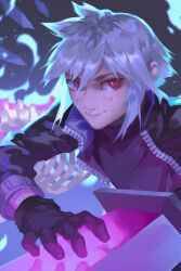  1boy black_gloves black_jacket black_shirt blue_fire closed_mouth commentary english_commentary fire gloves grey_hair hair_between_eyes highres holding holding_sword holding_weapon jacket long_sleeves looking_at_viewer lydialing_draws male_focus open_clothes open_jacket original parted_bangs red_eyes scrape shirt short_hair smile solo sword upper_body weapon zipper 
