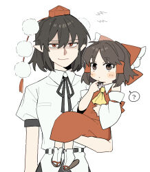  2girls ? aged_down bare_shoulders black_hair black_skirt blush bow brown_eyes brown_hair commentary_request detached_sleeves expressionless gloom_(expression) hair_between_eyes hair_tubes hakurei_reimu hat highres light_smile looking_at_viewer medium_hair multiple_girls neckerchief pointy_ears red_bow red_eyes red_shirt red_skirt sakic43899 shameimaru_aya shirt skirt tokin_hat touhou white_shirt yellow_neckerchief 