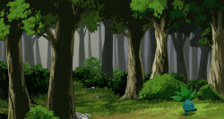  bush commentary_request forest grass mk_(mikka) nature no_humans oddish outdoors pokemon pokemon_(creature) red_eyes rock scenery smile tree walking 