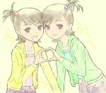  futami_mami hair_bobbles hair_ornament idolmaster jacket shimano_natsume siblings sisters twins 