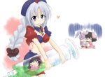  2_(artist) bad_id black_hair bunny_ears chibi hat heart houraisan_kaguya inaba_tewi long_hair needle niji_(nijioki) o_o purple_hair rabbit_ears reisen_udongein_inaba short_hair syringe touhou white_hair yagokoro_eirin 