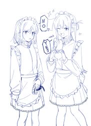  2girls apron blush chinese_commentary commentary_request haidao_mao hair_ornament heart heart_hair_ornament highres jersey_maid long_hair maid maid_apron maid_headdress miyagi_shiori monochrome multiple_girls one_eye_closed open_mouth sendai_hazuki short_hair shuuniichido_classmate_wo_kau_hanashi simple_background sketch skirt unconventional_maid white_background 