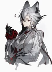  1girl :&lt; absurdres animal_ear_fluff animal_ears arlecchino_(genshin_impact) black_eyes black_hair chinese_commentary coat commentary_request earrings ears_up fingernails frilled_sleeves frills genshin_impact hair_over_one_eye hand_up high_collar highres jewelry kemonomimi_mode long_fingernails long_hair long_sleeves looking_at_viewer multicolored_hair red_pupils ring sanseling simple_background solo streaked_hair symbol-shaped_pupils two-tone_hair upper_body white_background white_coat white_hair wolf_ears x-shaped_pupils 