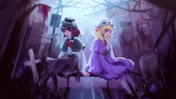  2girls aliaos architecture arm_garter black_capelet black_hat black_pantyhose black_shoes black_skirt blonde_hair book bow bowtie brown_eyes brown_hair capelet commentary cross dress hair_between_eyes hair_bow hat hat_bow highres holding holding_book holding_hands long_sleeves looking_at_viewer maribel_hearn medium_hair mob_cap multiple_girls open_mouth pantyhose post-apocalypse puffy_long_sleeves puffy_sleeves purple_dress ruins shirt shoes short_hair skirt sleeve_cuffs tombstone touhou usami_renko violet_eyes white_bow white_pantyhose white_shirt 