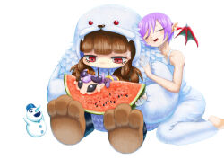  3girls absurdres arthropod_girl bee_girl closed_eyes commentary darkstalkers food fruit head_wings highres lilith_(darkstalkers) multiple_girls nojob_hiro pointy_ears q-bee red_eyes sasquatch_(darkstalkers) simple_background snowman watermelon white_background wings yeti_costume 