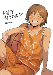 1boy 2025 :d ^_^ arm_support ball bare_arms bare_shoulders basketball_(object) blush brown_hair closed_eyes collarbone cowboy_shot dark-skinned_male dark_skin dated double-parted_bangs elbow_carry facing_viewer grin hair_behind_ear hair_between_eyes happy_birthday hashtag-only_commentary highres holding holding_ball kel_(faraway)_(omori) kel_(omori) knee_up male_focus omori orange_shorts orange_tank_top short_hair shorts simple_background sitting smile solo tank_top wanosaku white_background 