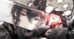  1boy absurdres ayn_alwyn ayn_alwyn_(infinite_empire) black_gloves black_hair blurry blurry_background chinese_commentary close-up crossed_bangs diamond-shaped_earrings earrings gem glint gloves hair_between_eyes hat highres holding holding_sword holding_weapon jewelry looking_at_viewer lovebrush_chronicles male_focus military_hat nnnnnova parted_lips peaked_cap pile_of_skulls pov pov_hands procreate_(medium) red_eyes red_gemstone red_hat reflection reflection_focus short_hair single_earring skull solo sword weapon 