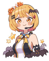  1girl armlet bat_(animal) bat_hair_ornament blonde_hair bow bowtie breasts closed_mouth deformed hair_ornament hairclip halter_shirt halterneck headset highres hololive hololive_idol_uniform_(origin) idol_clothes jewelry looking_at_viewer medium_breasts official_alternate_costume orange_eyes parallel_hairclips short_hair simple_background sleeveless smile solo upper_body uzumaki_osushi virtual_youtuber white_background yellow_bow yellow_bowtie yozora_mel 
