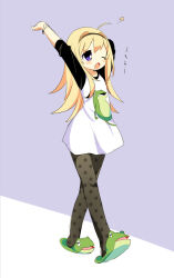  1girl ahoge alternate_costume animal_slippers arm_up black_hairband black_pantyhose blonde_hair chaos;head flower_symbol frog_slippers full_body gero-froggy hairband highres long_hair mamimu_(ma-mi-mu.me) nishijou_nanami one_eye_closed pajamas pantyhose polka_dot polka_dot_pantyhose purple_background raglan_sleeves science_adventure shirt simple_background slippers solo stretching three-quarter_sleeves two-tone_background violet_eyes walking white_shirt yawning 