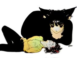  1boy 1girl animal black_hair black_pants cat cat_loaf collared_shirt commentary_request dress_shirt expressionless half-closed_eyes highres human_head knee_up long_sleeves looking_at_another lying on_back original oversized_animal pants parted_lips red_eyes shinazawa_yasude shirt signature simple_background surreal wavy_hair white_background yellow_shirt 