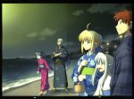  2boys 3girls artoria_pendragon_(all) beach black_hair blonde_hair brother_and_sister dual_persona emiya_shirou fate/stay_night fate_(series) happy height_difference highres illyasviel_von_einzbern japanese_clothes kimono red_hair rubbish_selecting_squad saber sandals siblings tall tohsaka_rin toosaka_rin twintails white_hair yukata 