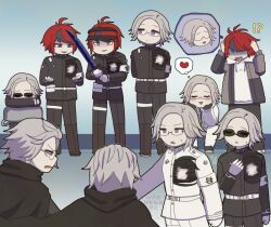  !? 6+boys ahoge aotsuki_eito armband arms_behind_back black_boots black_cloak black_gloves black_jacket black_pants black_streaks blue_eyes blush boots cloak closed_eyes commentary_request evil_grin evil_smile eyeliner facing_another gakuran glasses gloves grey_bag grey_hair grey_jacket grin hair_slicked_back headgear heart holding holding_sword holding_weapon hole_in_chest hole_on_body hood hoodie image_in_speech_bubble jacket jacket_over_hoodie last_defense_academy_school_uniform looking_at_another looking_at_hands makeup male_focus matsu_shimatsuki multicolored_hair multiple_boys multiple_persona official_alternate_hairstyle open_clothes open_jacket pants possessed red_eyeliner red_hair school_uniform short_hair sitting small_sweatdrop smile speech_bubble spoilers standing streaked_hair sumino_takumi sunglasses sword the_hundred_line_-last_defense_academy- thought_bubble too_many violet_eyes watermark weapon white_armband white_gloves white_hoodie white_jacket white_pants 