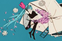  1girl ahoge aqua_background aqua_hair aqua_necktie black_boots black_skirt black_sleeves boots character_name closed_eyes closed_mouth commentary daisy_(flower) dated detached_sleeves envelope film_strip flower full_body grey_shirt hashtag-only_commentary hatsune_miku headset highres long_hair long_sleeves mitsubachi_(roundbee) necktie photo_(object) pink_flower pleated_skirt shirt skirt smile solo stamp_mark thigh_boots tulip twintails u_u very_long_hair vocaloid white_flower 