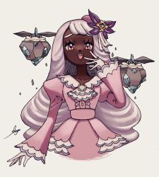  1girl ascot blue_eyes blue_sclera carbink collarbone colored_sclera crystal dark-skinned_female dark_skin dress fascinator frilled_ascot frills glove_bow gloves gold_ring hair_ornament highres jacinthe_(pokemon) juliet_sleeves long_hair long_sleeves looking_at_viewer low_drills mega_stone open_mouth pokemon pokemon_(creature) pokemon_legends:_z-a puffy_sleeves purple_dress purple_hair rock shogo_(shogo70449442) simple_background smile teeth upper_teeth_only very_dark_skin violet_eyes white_gloves 