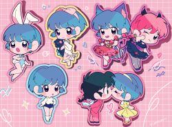  absurdres animal_ears blush blush_stickers cat_ears chibi closed_eyes couple dress gloves heart highres kiss leotard one_eye_closed open_mouth playboy_bunny rabbit_ears ranma-chan ranma_1/2 red_gloves saotome_ranma smile tendou_akane tomoe00022 yellow_dress 