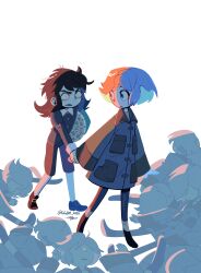  1boy 6+girls abaddon_(haunted_hotel) absurdres blue_coat brown_hair clone coat commentary_request corpse esther_freeling haunted_hotel hbm_3456 highres holding_hands korean_commentary long_hair looking_at_another multiple_girls orange_hair pile_of_corpses red_eyes short_hair simple_background white_background 