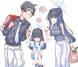  1boy 2girls absurdres aged_up alternate_costume black_hair blue_archive blue_hair blue_halo breasts child couple doodle_sensei_(blue_archive) family father_and_daughter grey_hair halo happy hetero highres holding_hands husband_and_wife if_they_mated large_breasts long_hair long_skirt mother_and_daughter multicolored_hair multiple_girls peroro_(blue_archive) peroronti saori_(blue_archive) sensei_(blue_archive) shirt simple_background skirt smile two-tone_hair white_background white_shirt 