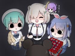  4girls :d ^_^ animal_ears beret black_background black_hat black_skirt blue_hair blue_jacket blue_ribbon blue_skirt bomb bow breasts brown_cardigan cardigan carrot_hair_ornament character_request chibi chibi_inset closed_eyes collared_shirt commentary_request dress dress_shirt explosive fake_animal_ears fang fong_(fongthe0125) food-themed_hair_ornament fur-trimmed_jacket fur_trim green_hair hair_ornament hair_over_one_eye hair_ribbon hairclip hat highres holding holding_knife hololive horned_hat jacket knife medium_breasts minecraft multiple_girls off_shoulder open_cardigan open_clothes orange_hair pink_hair plaid_bow plaid_clothes plaid_skirt pleated_skirt rabbit_ears ribbon school_uniform shirt shishiro_botan shishiro_botan_(1st_costume) short_eyebrows simple_background skirt smile sweat thick_eyebrows tnt tnt_block_(minecraft) tokoyami_towa tokoyami_towa_(jirai_kei) translation_request trembling two_side_up uruha_rushia uruha_rushia_(school_uniform) usada_pekora usada_pekora_(casual) virtual_youtuber white_dress white_hat white_shirt x_hair_ornament 