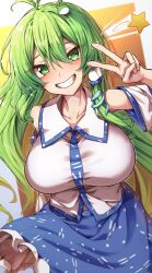  1girl absurdres blue_skirt blush breasts collarbone detached_sleeves fossilized_wonders frog frog_hair_ornament green_eyes green_hair hair_ornament hair_tubes highres kochiya_sanae large_breasts looking_at_viewer nontraditional_miko shirt single_hair_tube skirt smile snake snake_hair_ornament solo touhou v white_shirt yosshy 